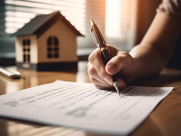 Uma mão segura uma caneta para a assinatura de um papel. Ao fundo da imagem, há a miniatura de uma casa, dando a entender que esse papel é, na verdade, um contrato imobiliário.